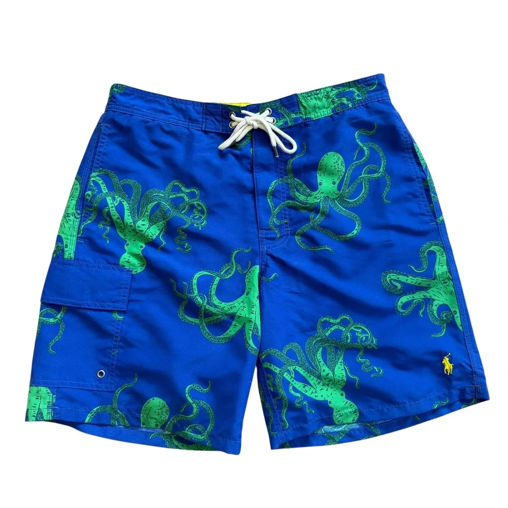 Polo Ralph Lauren Mens Blue Green Octopus‎ Print Swim Trunks Medium Cargo Pocket